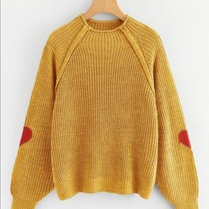 Mockneck, yellow sweater with heart elbow patches